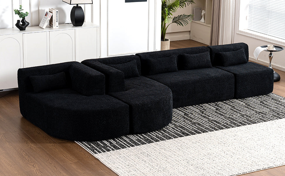 144' Upholstered Sofa Free-combined Sofa Couch with Two Chaise Lounge and Five Back Pillows for Living Room(Old SKU: N719S001600B), Black