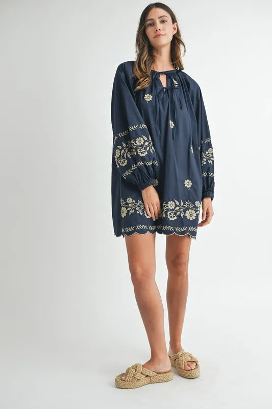 MABLE Embroidered Long Sleeve Peasant Mini Dress