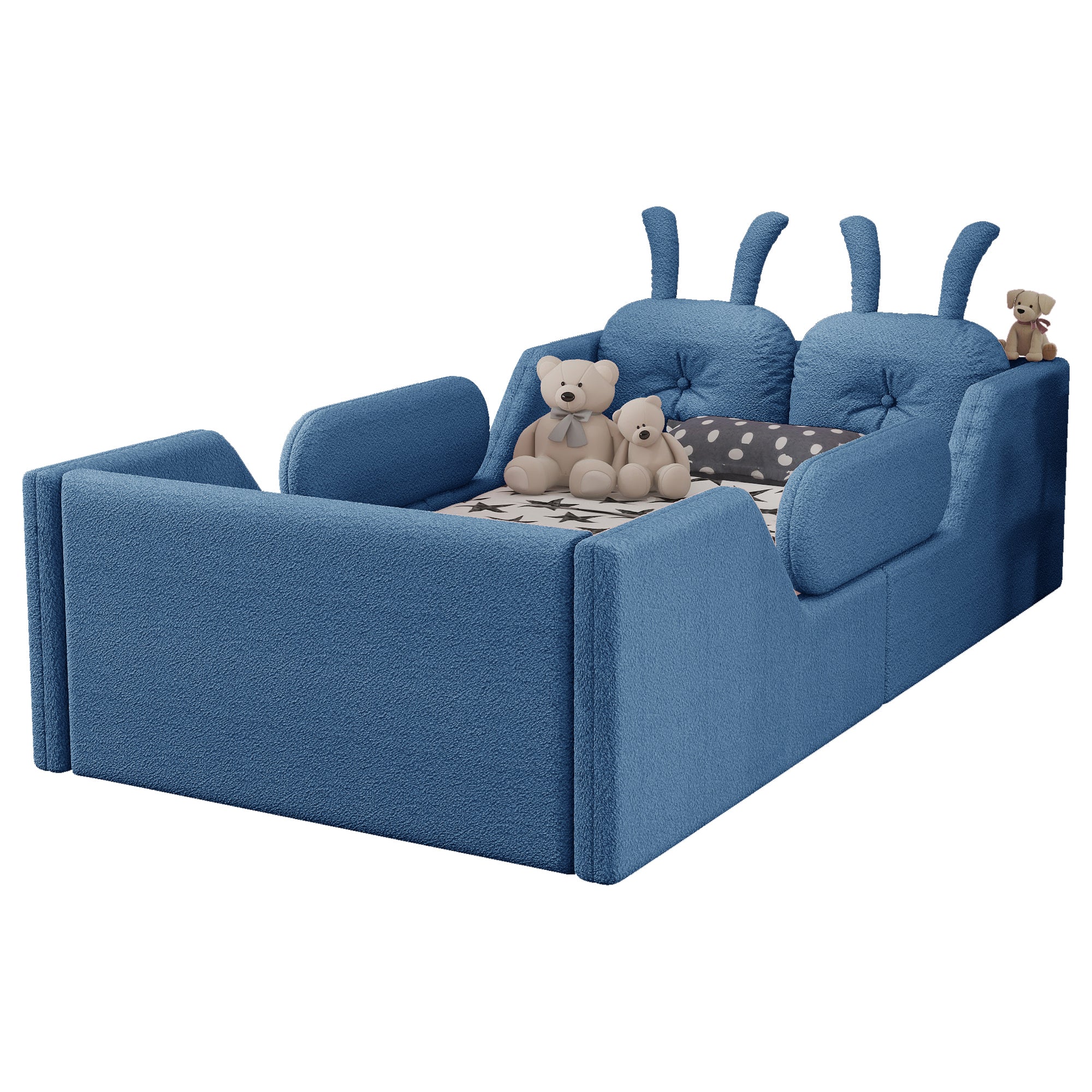 Twin Size Upholstered Platform Bed with Rabbit Cushion, Kids Floor Upholstered Bed with Removable Side Rails, Blue(Expect Arrival Date 2025/1/15)