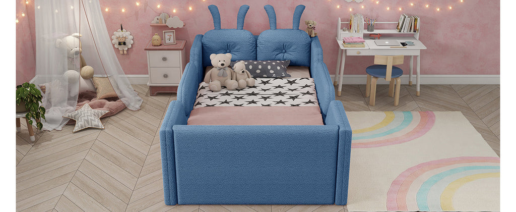 Twin Size Upholstered Platform Bed with Rabbit Cushion, Kids Floor Upholstered Bed with Removable Side Rails, Blue(Expect Arrival Date 2025/1/15)