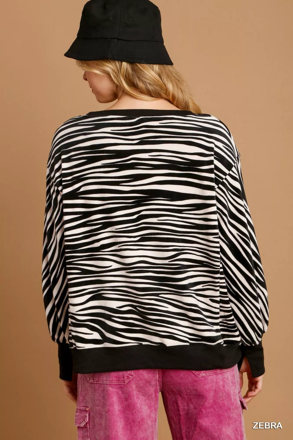 Umgee Zebra Striped Fleece Pullover Sweater Shirt