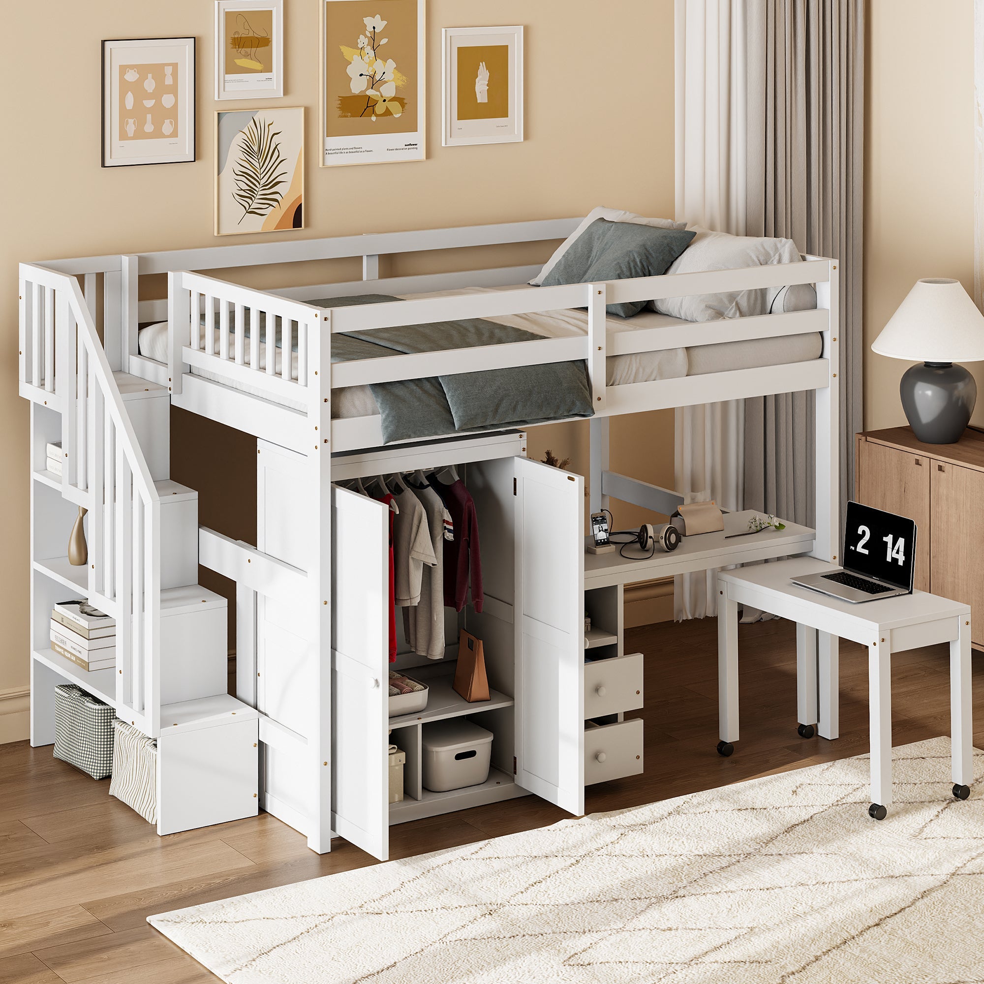 Full Size Loft Bed with Stairs, Bookshelf, Drawers, Desk & Wardrobe – Space-Saving Multifunctional Furniture for Kids & Teens-White