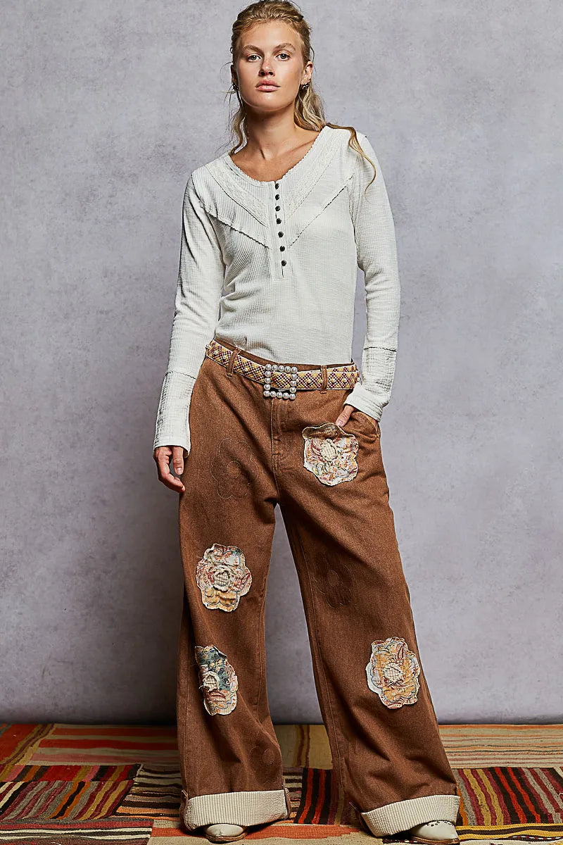 POL Ribbed Half Button Lace Detail Knit Top