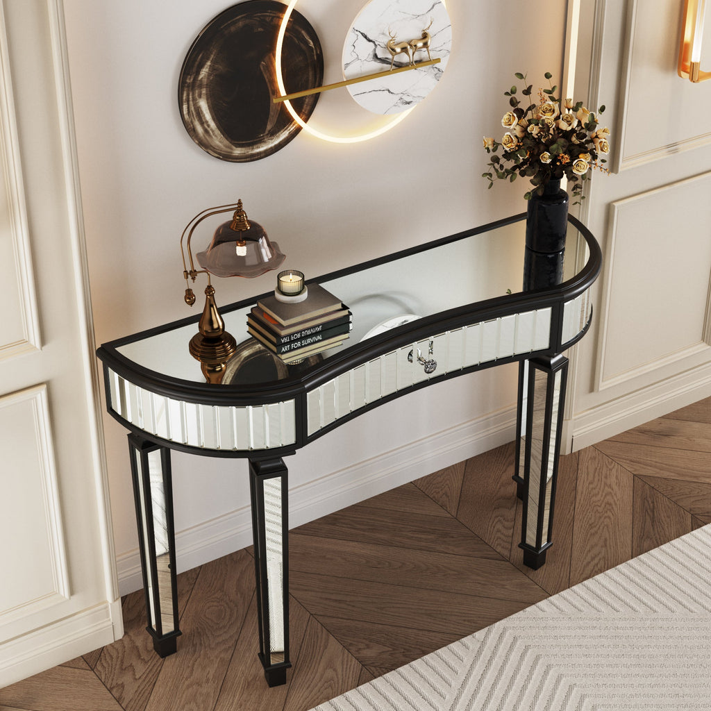 47' Half-Moon Mirrored Console Table with Fluted Glass & Crystal Knob Drawer - Silver Entryway Vanity Desk for Bedroom/Dressing Room(Black+Sliver)