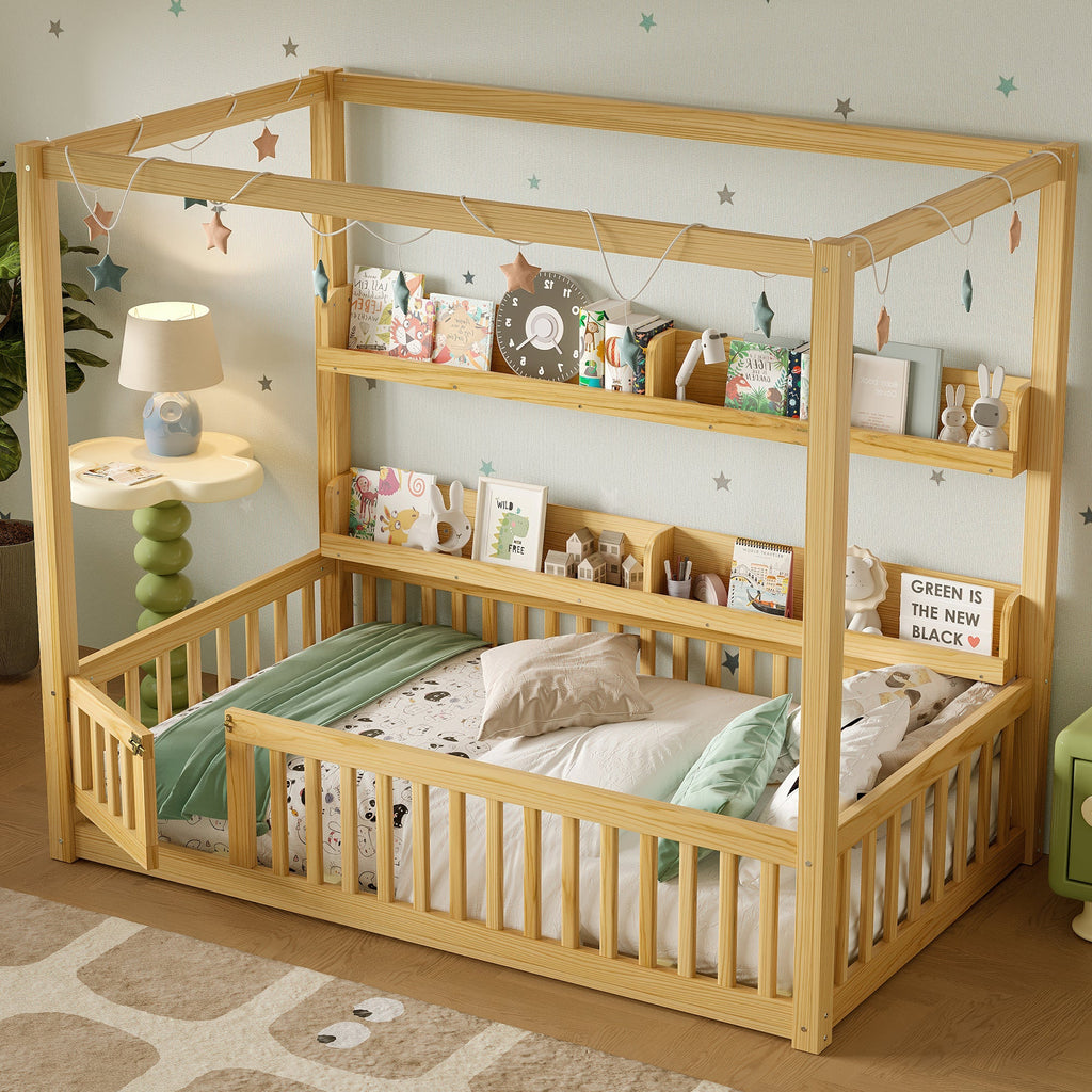 Twin Size Canopy Bed with Guardrails, Solid Wood Floor Bed with Shelves, Montessori Floor Bed Frame for Kids, Boys, Girls, No Spring Box Needed, Natural