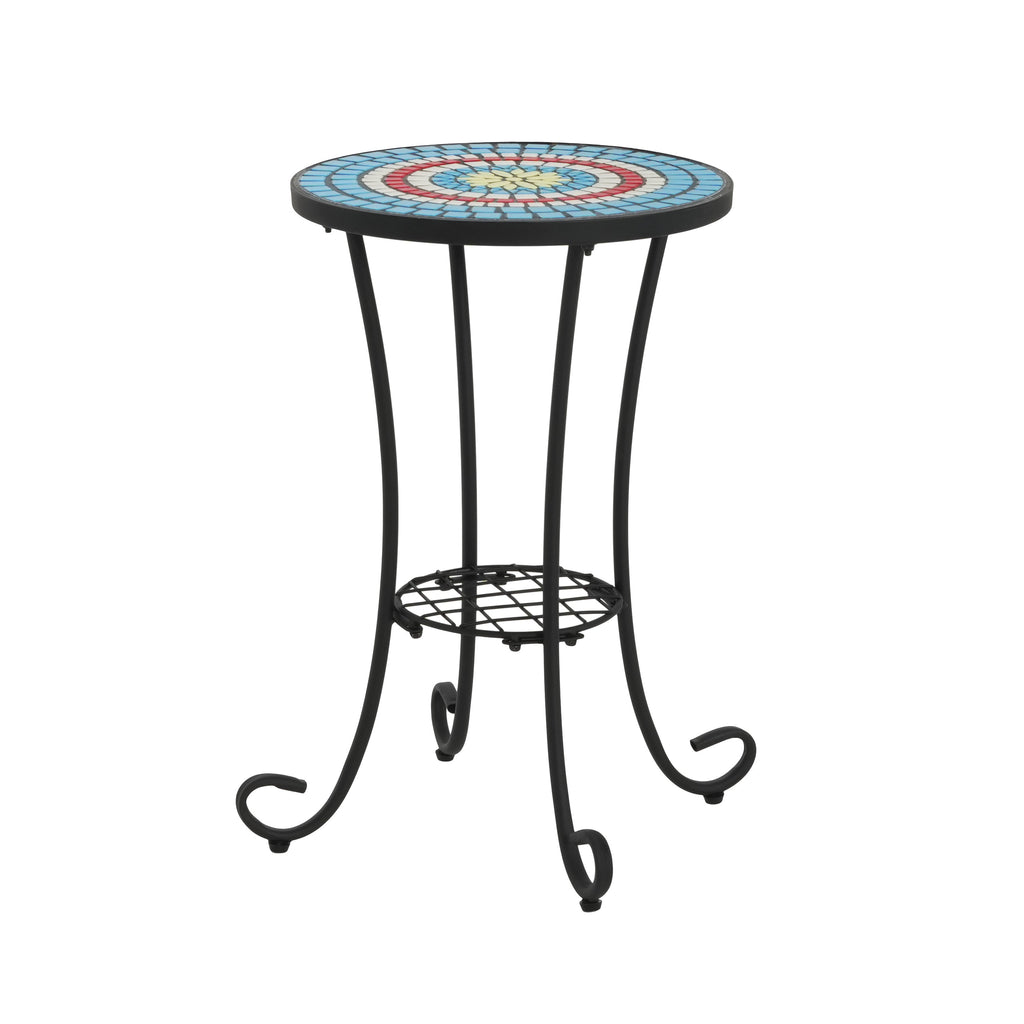 Vibrant Patio Side Table with Shelf, Floral Design, Blue and Black Ceramic Tile, 14-Inch