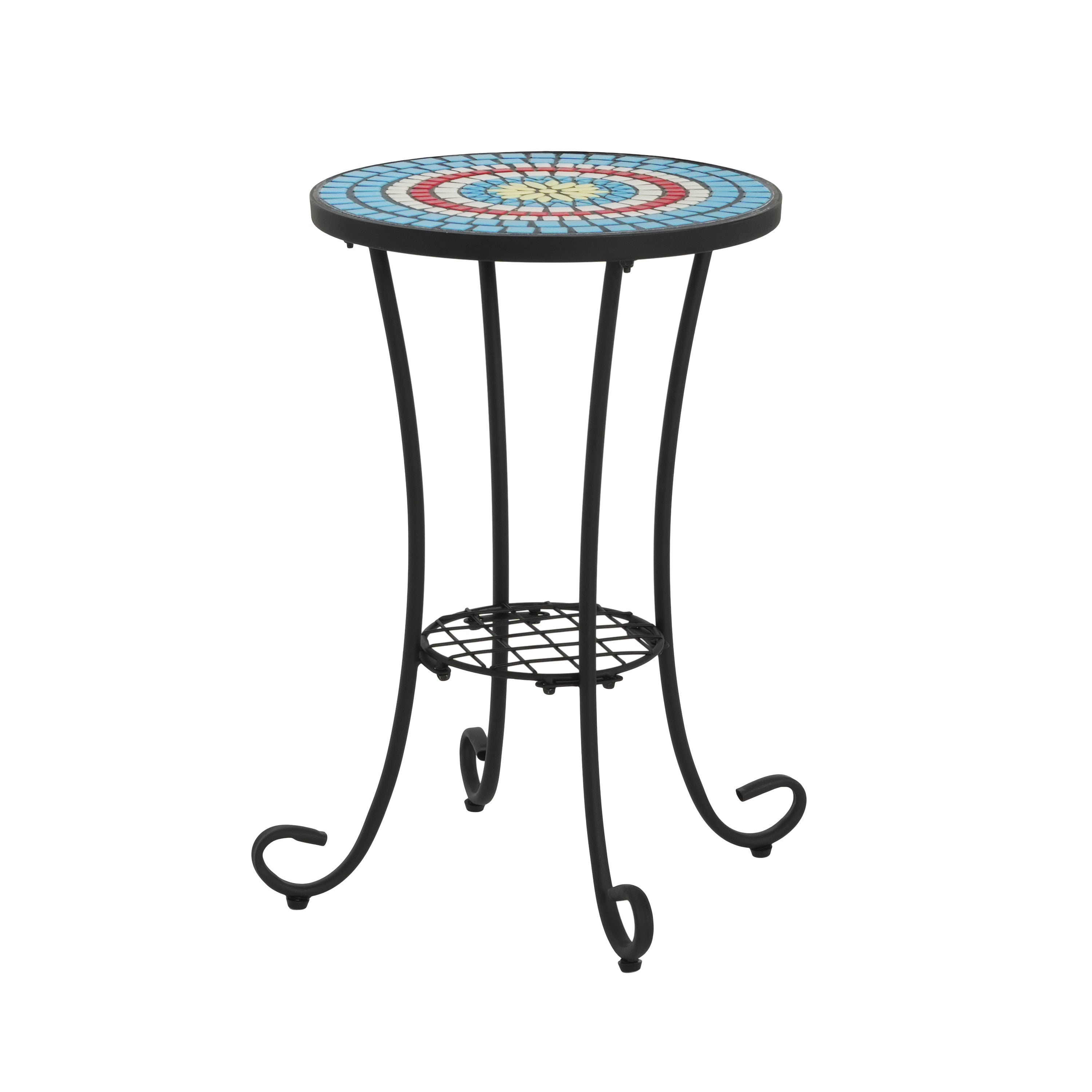 Vibrant Patio Side Table with Shelf, Floral Design, Blue and Black Ceramic Tile, 14-Inch