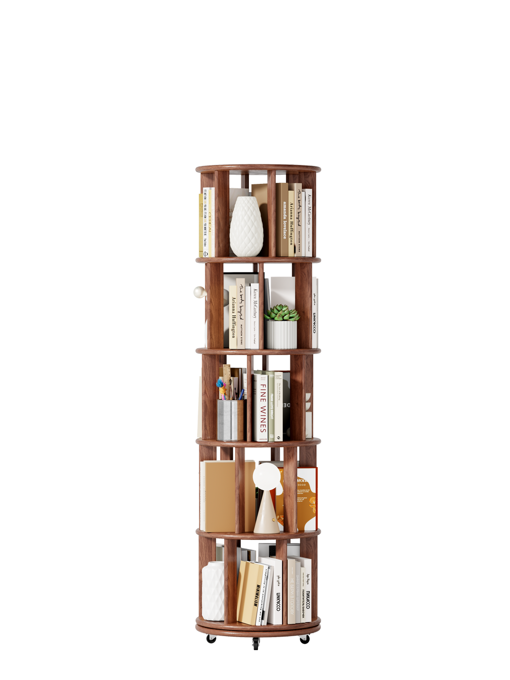 100%Solid Wood Rotating Bookshelf on Wheels,5 Tier, Round Revolving Bookcase, 360° Spinning Book Shelf Tower for Kids, Narrow Rolling Bookshelves for Small Space, Corner, Bedroom, Office, Walnut
