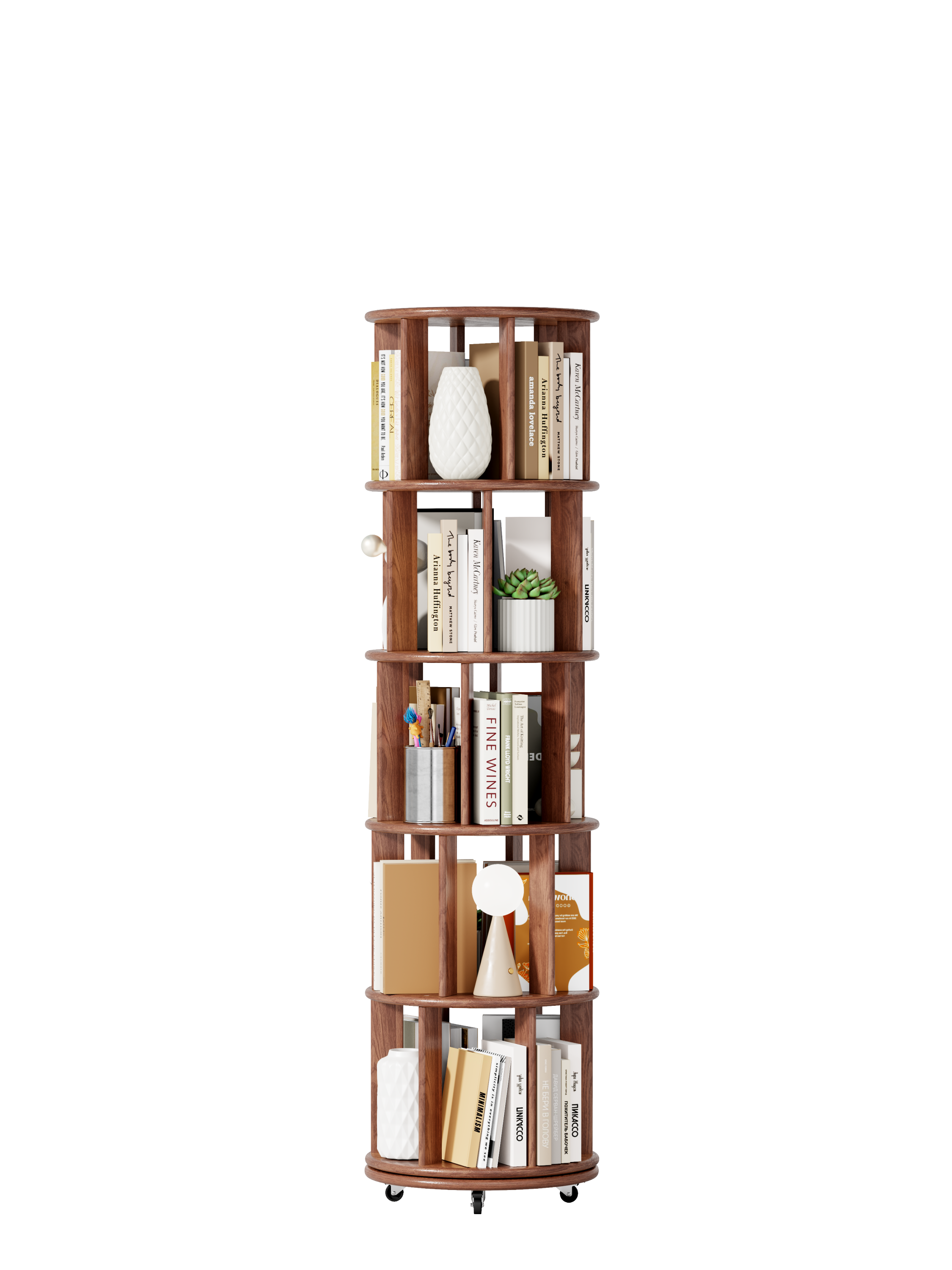 100%Solid Wood Rotating Bookshelf on Wheels,5 Tier, Round Revolving Bookcase, 360° Spinning Book Shelf Tower for Kids, Narrow Rolling Bookshelves for Small Space, Corner, Bedroom, Office, Walnut