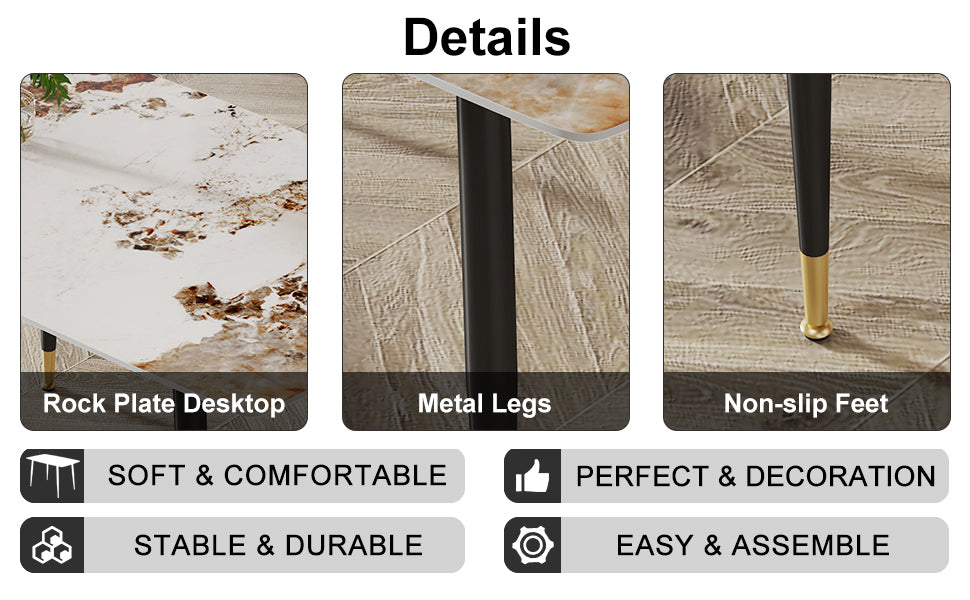 Modern minimalist dining table. A patterned SINTERED STONE tabletop with black metal legs. Suitable for kitchen and living room 50'*30'*30' F-001.W1151S00398