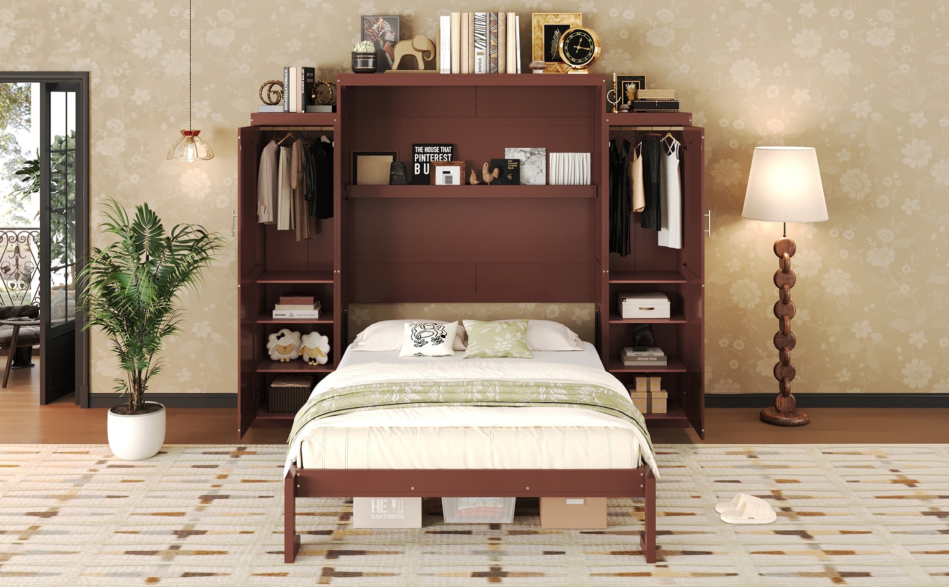 Queen Size Murphy Bed, Wooden Queen Wall Bed with 2 Wardrobe and Storage Shelf, Multifunctional Foldable Platform Bedframe for Guest-Room, Bedroom, Walnut