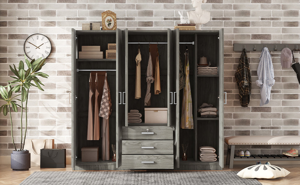 6-Doors Wooden Wardrobe Storage for Bedroom, with Big Drawers, Gray
