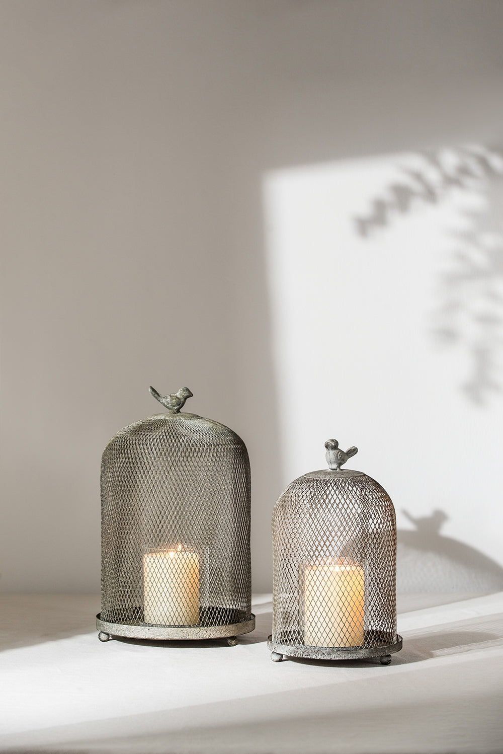 Set of 2 Ophira Sparrow Antique Gray Mesh Candle Holders, L: D8.5x13'  S: D7x10'