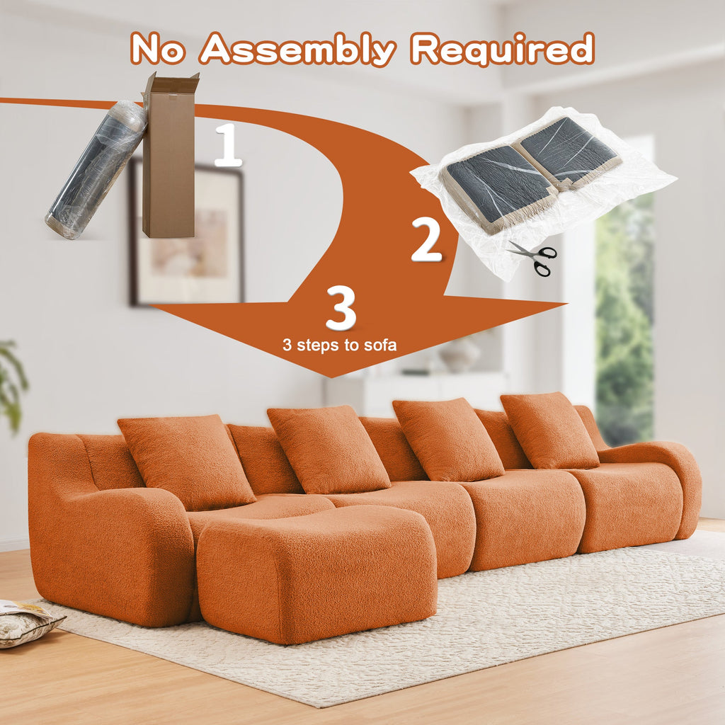 U-Shaped Boneless Sofa,Teddy Fabric No assembly required Curved armrest,Anti-slip Design,Streamlined Design 32D High Density Sponge,Full Compression Vacuum Packag,For Studies living Rooms,Orange