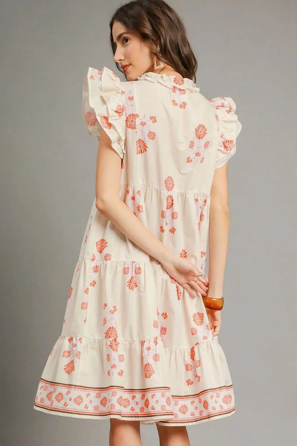 Umgee Printed Tie Neck Ruffle Cap Sleeve Dress