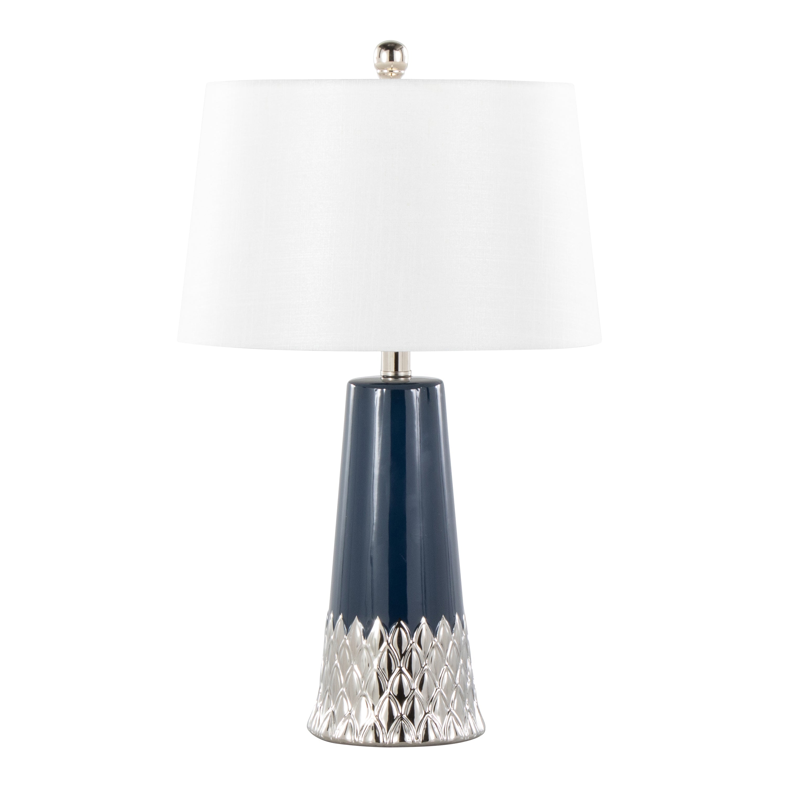 Penelope 22' Contemporary Ceramic Table Lamp with Dark Blue & Silver Ceramic Body and White Shade by LumiSource