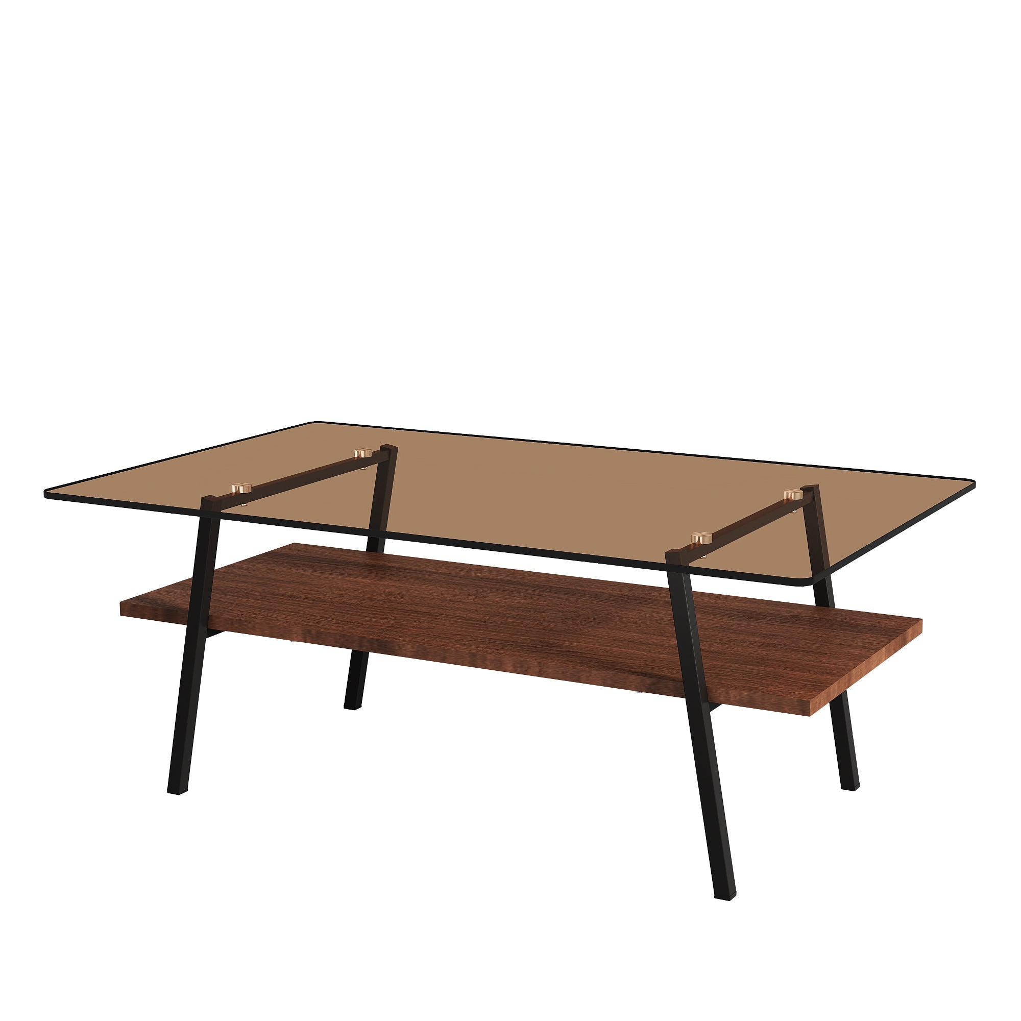 Rectangle Coffee Table, Tempered Glass Tabletop with Black Metal Legs, Modern Table for Living Room , Brown Glass