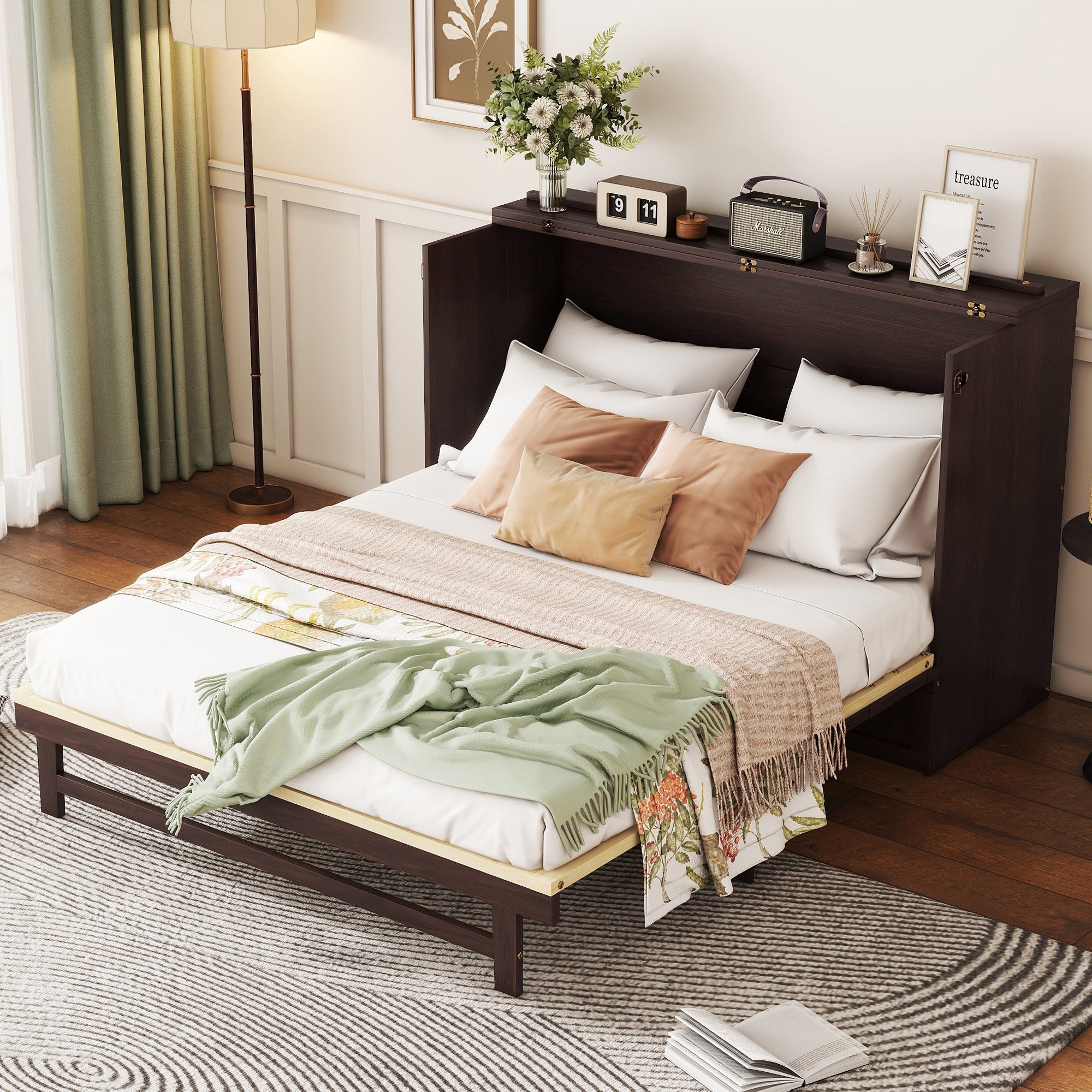 Queen Size Murphy Bed, Pine Wood Cabinet Bed with Rattan Decoration and Storage Drawer,Espresso