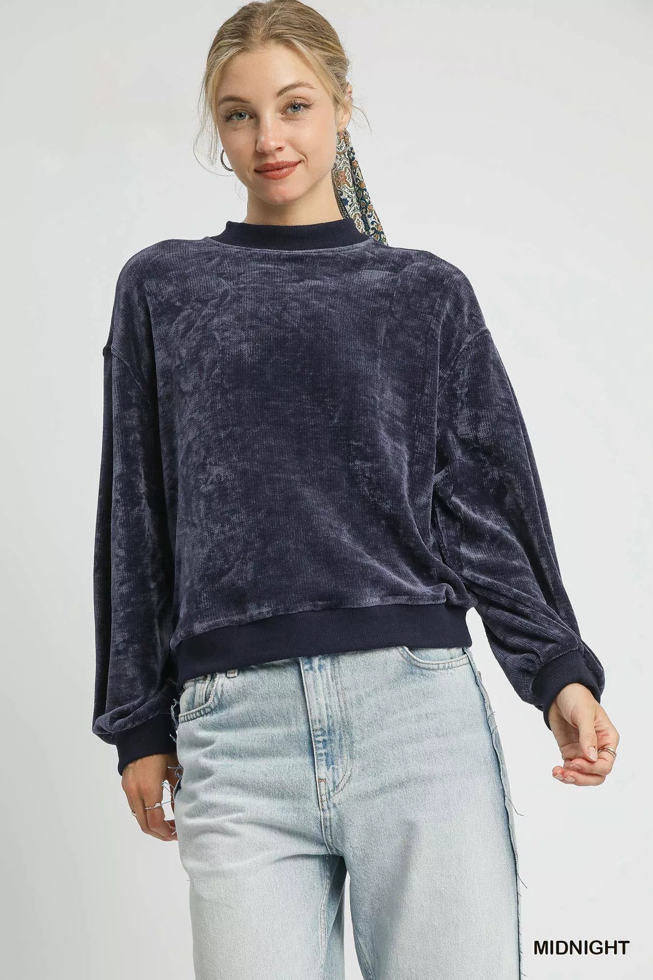 Umgee Velour Crewneck Balloon Sleeve Sweatshirt