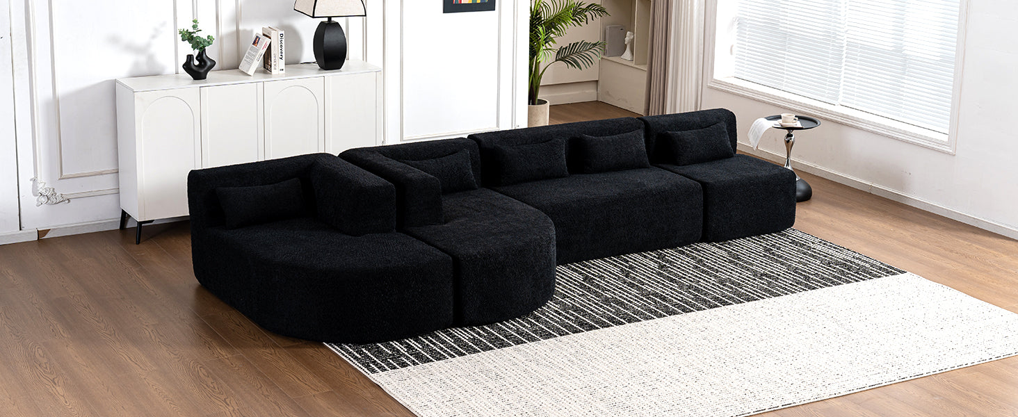 144' Upholstered Sofa Free-combined Sofa Couch with Two Chaise Lounge and Five Back Pillows for Living Room(Old SKU: N719S001600B), Black