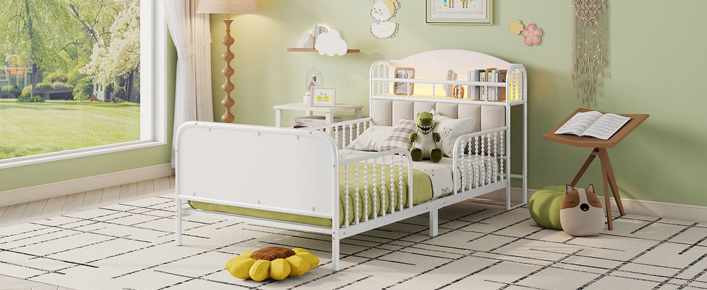 Twin Size Metal Platform Bed Frame with Light, Kids Twin Metal Bed with Upholstered and Storage Headboard, White (Expect Arrival Date 2025/10/5)