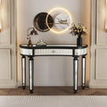 47' Half-Moon Mirrored Console Table with Fluted Glass & Crystal Knob Drawer - Silver Entryway Vanity Desk for Bedroom/Dressing Room(Black+Sliver)