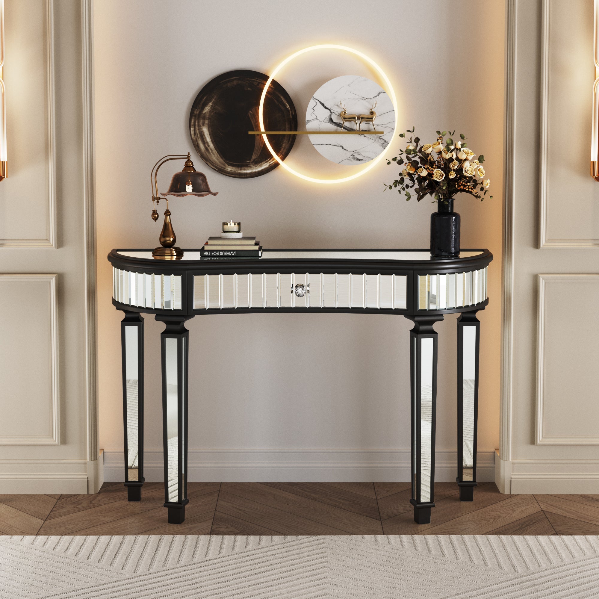 47' Half-Moon Mirrored Console Table with Fluted Glass & Crystal Knob Drawer - Silver Entryway Vanity Desk for Bedroom/Dressing Room(Black+Sliver)