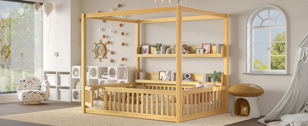 Full Size Canopy Bed with Guardrails, Solid Wood Floor Bed with Shelves, Montessori Floor Bed Frame for Kids, Boys, Girls, No Spring Box Needed, Natural