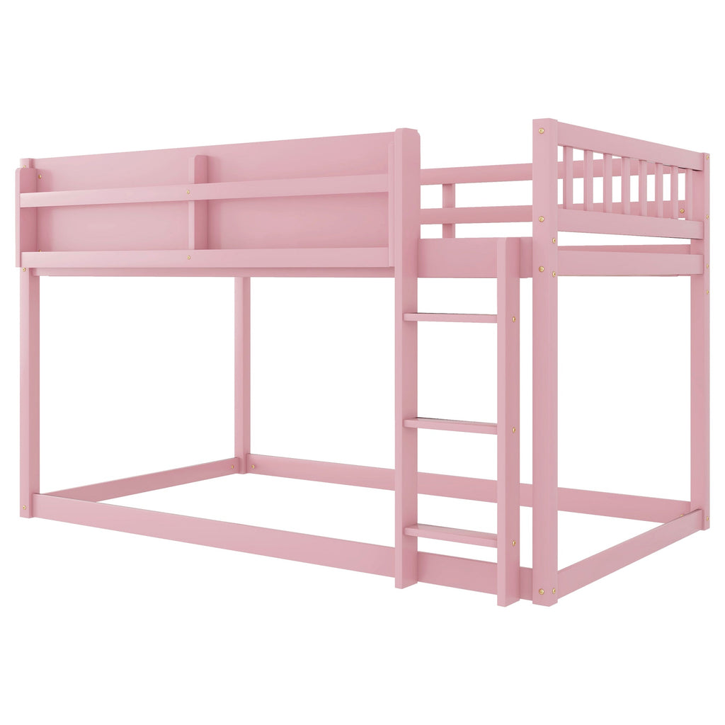 Low Twin Over Twin Bunk Bed, Floor Bunk Bed with Ladder, Solid Wood Twin Bunk Bed for Kids & Juniors, Pink(Expect Arrival Date 2025/11/25)