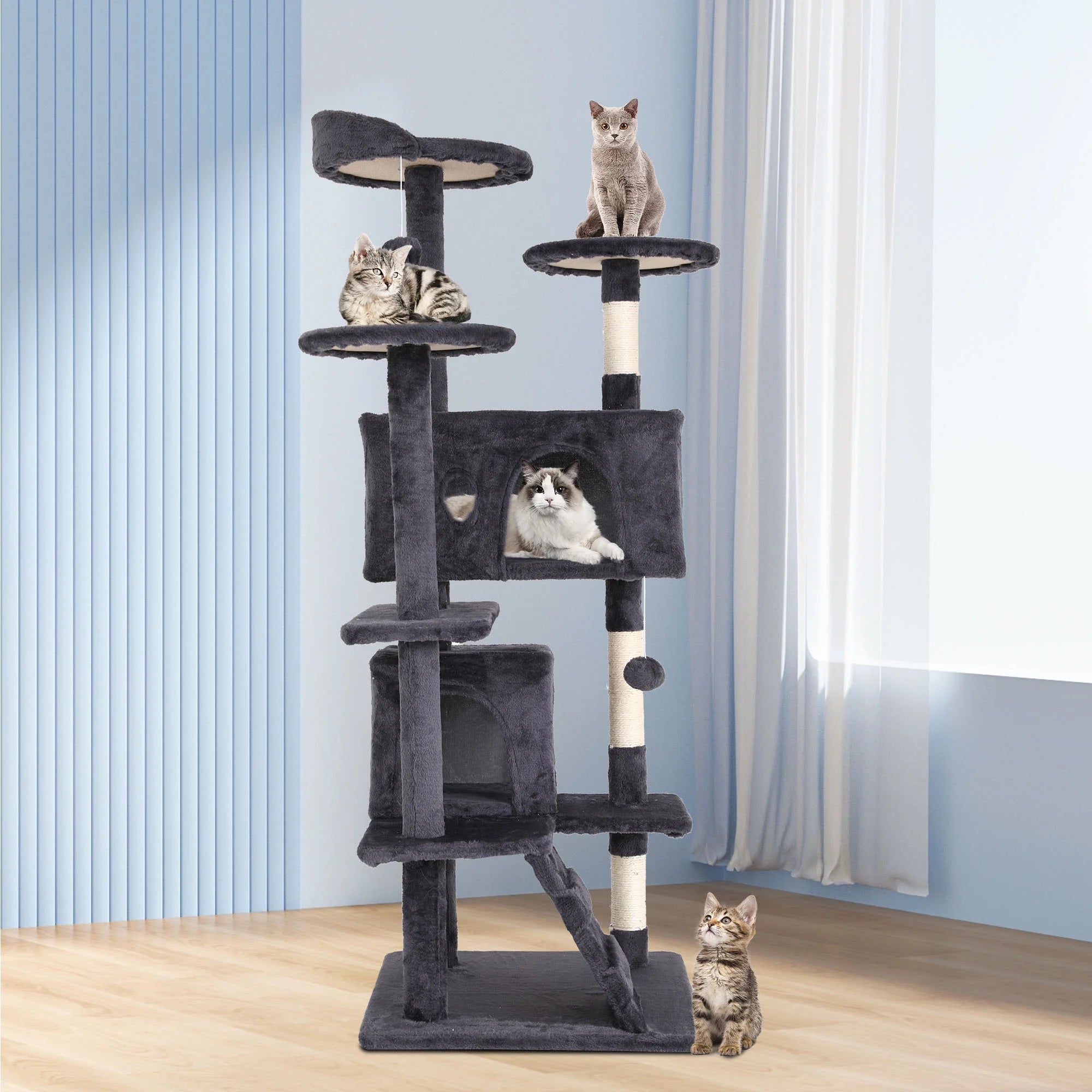 Ultimate 54-Inch Double Condo Cat Tree Tower with Scratching Post & Cozy Perch for Indoor Cats - Stylish Ashy Design