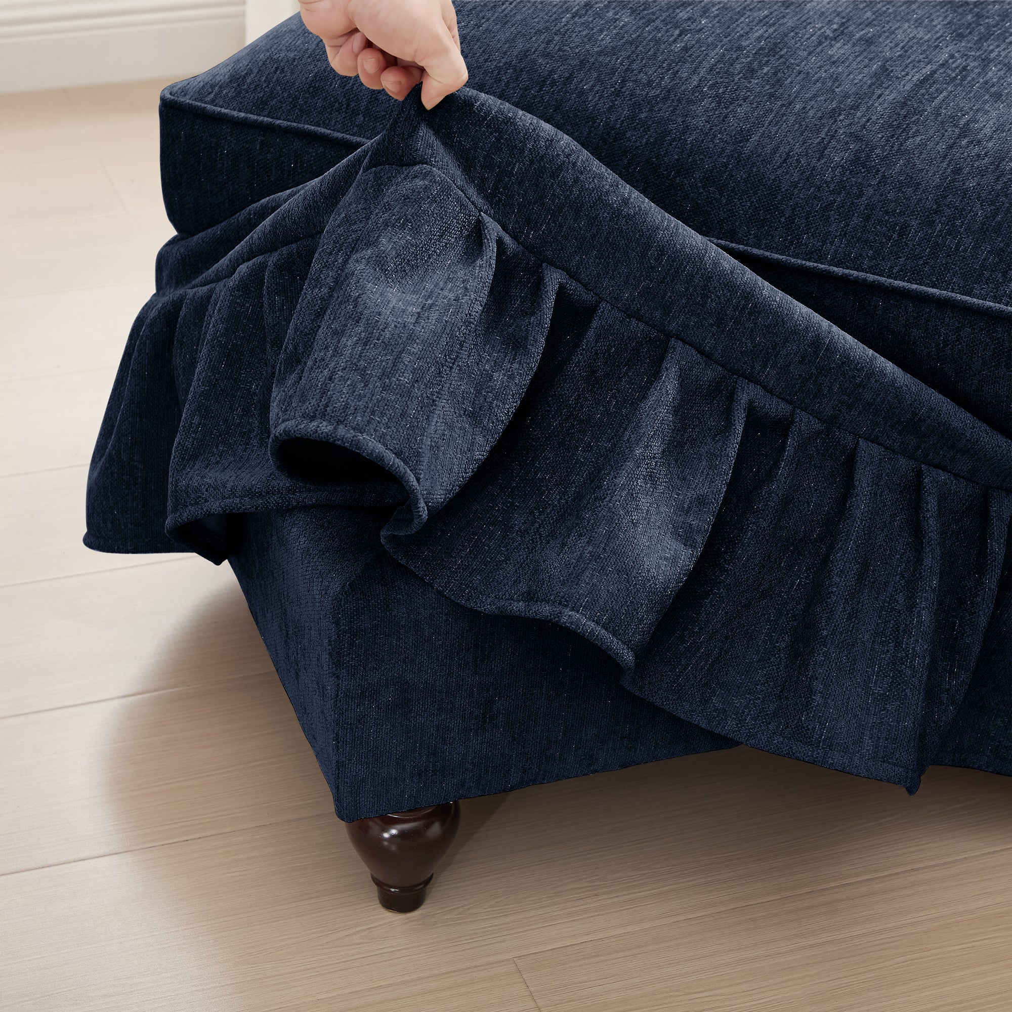 Classic Comfy Modular U Shape Sectional Sofa Couch with Flared Arms and Removable Ruffles Pleats Skirts and Spindle Legs, Upholstered Chenille Deep Seat Cloud Sofa with Movable Ottomans, Blue