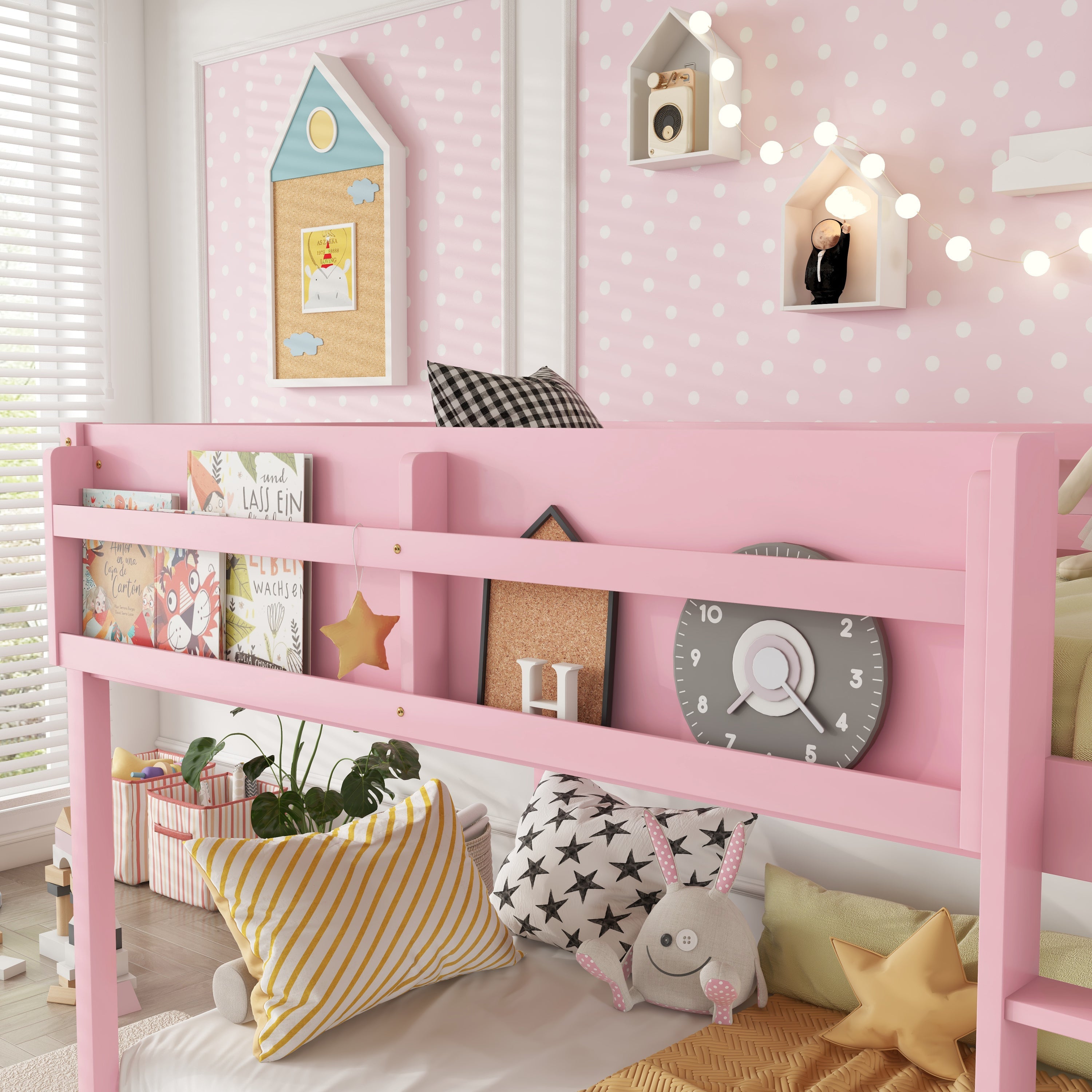 Low Twin Over Twin Bunk Bed, Floor Bunk Bed with Ladder, Solid Wood Twin Bunk Bed for Kids & Juniors, Pink(Expect Arrival Date 2025/11/25)