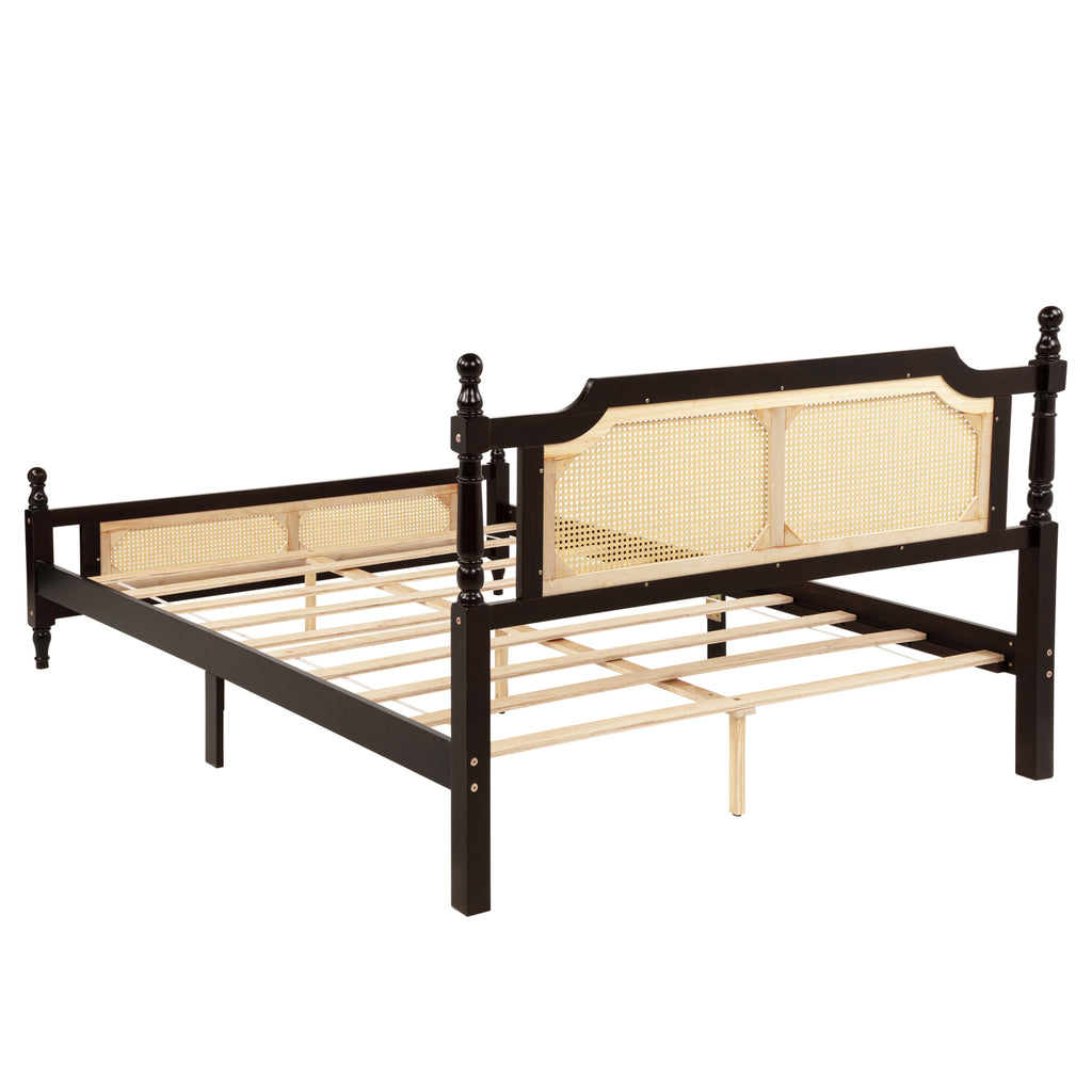 Queen Pine wooden Bed with Rattan Headboard  and Footboard, with  Central Enhanced Bed Platform ,Espresso