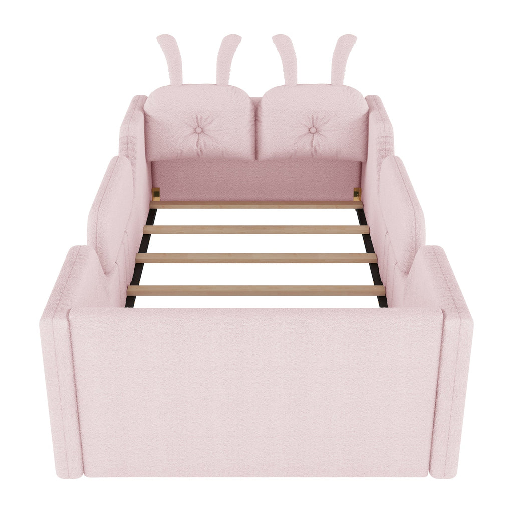 Twin Size Upholstered Platform Bed with Rabbit Cushion, Kids Floor Upholstered Bed with Removable Side Rails, Pink(Expect Arrival Date 2025/1/15)