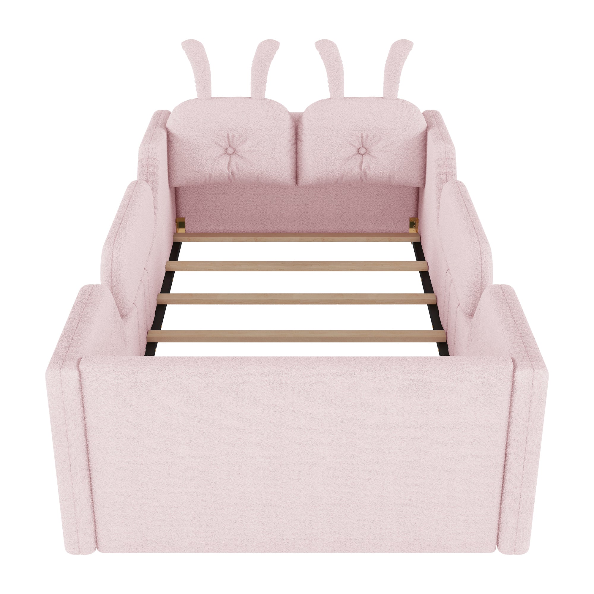 Twin Size Upholstered Platform Bed with Rabbit Cushion, Kids Floor Upholstered Bed with Removable Side Rails, Pink(Expect Arrival Date 2025/1/15)