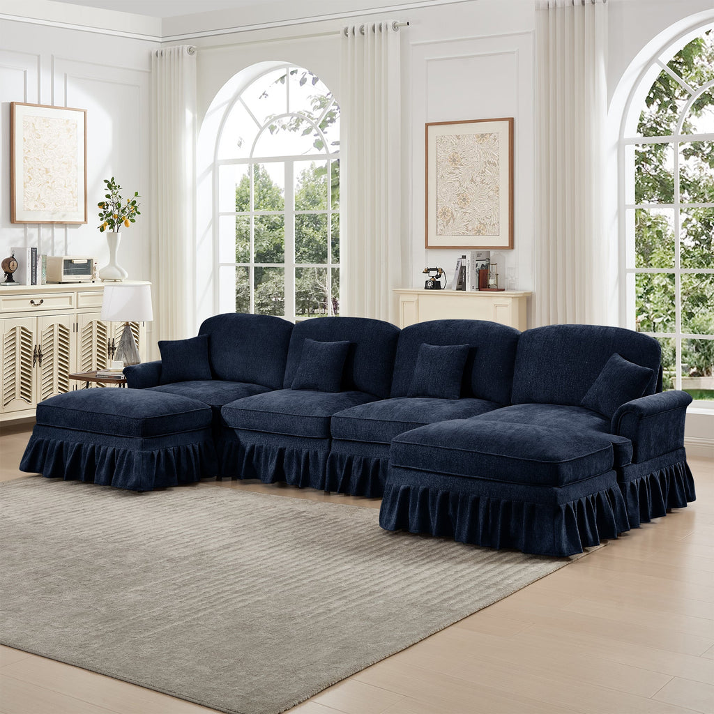 Classic U Shape 4 Seater Modular Sectional Sofa Couch with Flared Arms and Removable Ruffles Pleats Skirts and Spindle Legs, Chenille Deep Seat Cloud Sofa with Movable Ottomans, Blue