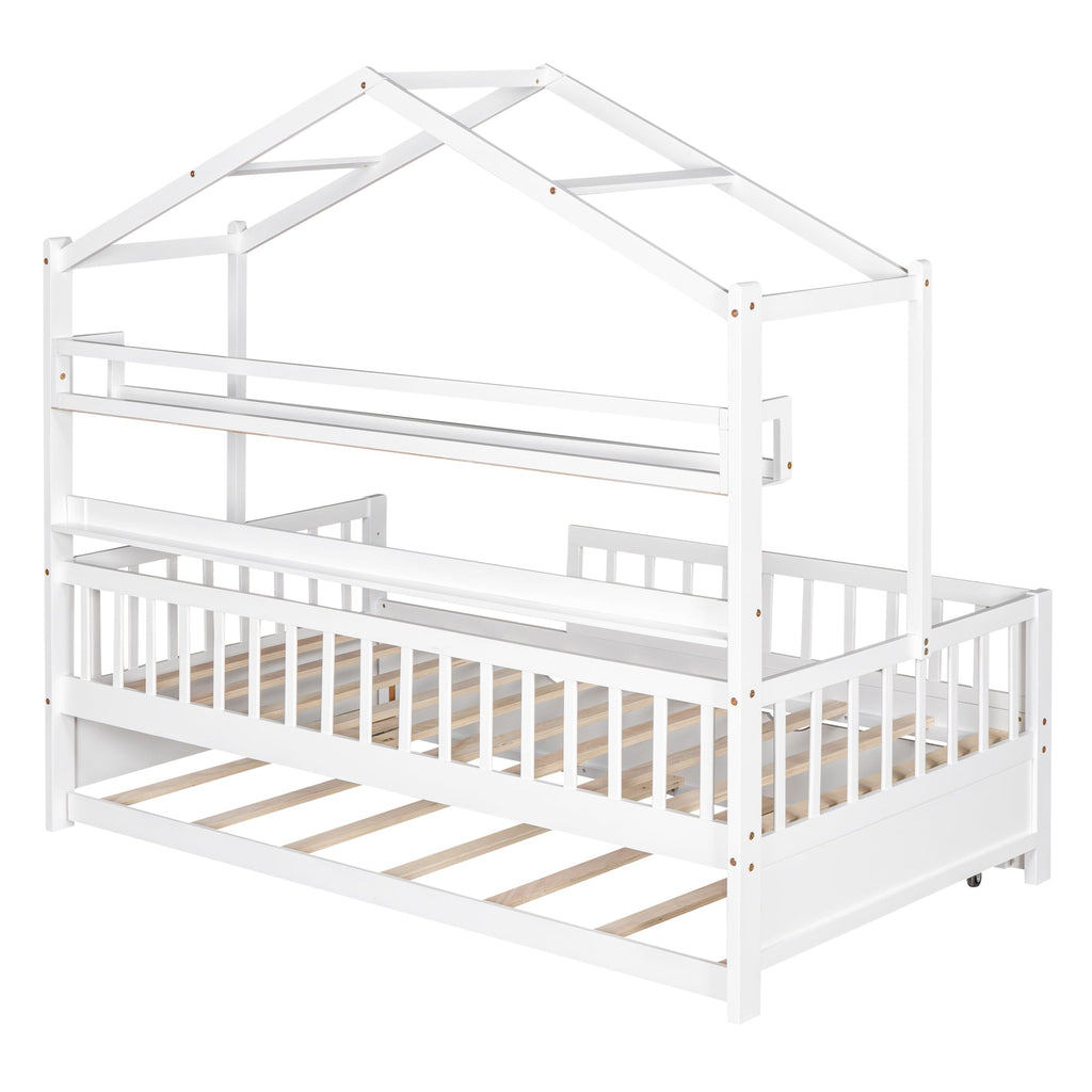 Wooden Twin Size House Bed with Trundle,Kids Bed with Shelf, White(Old SKU:WF301682AAK)