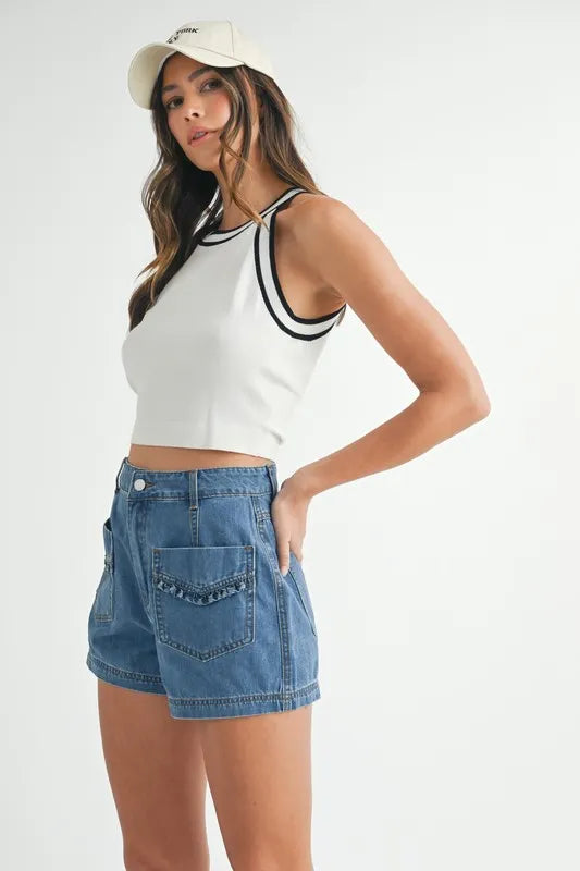 MABLE Contrast Trim Grecian Neck Cropped Tank