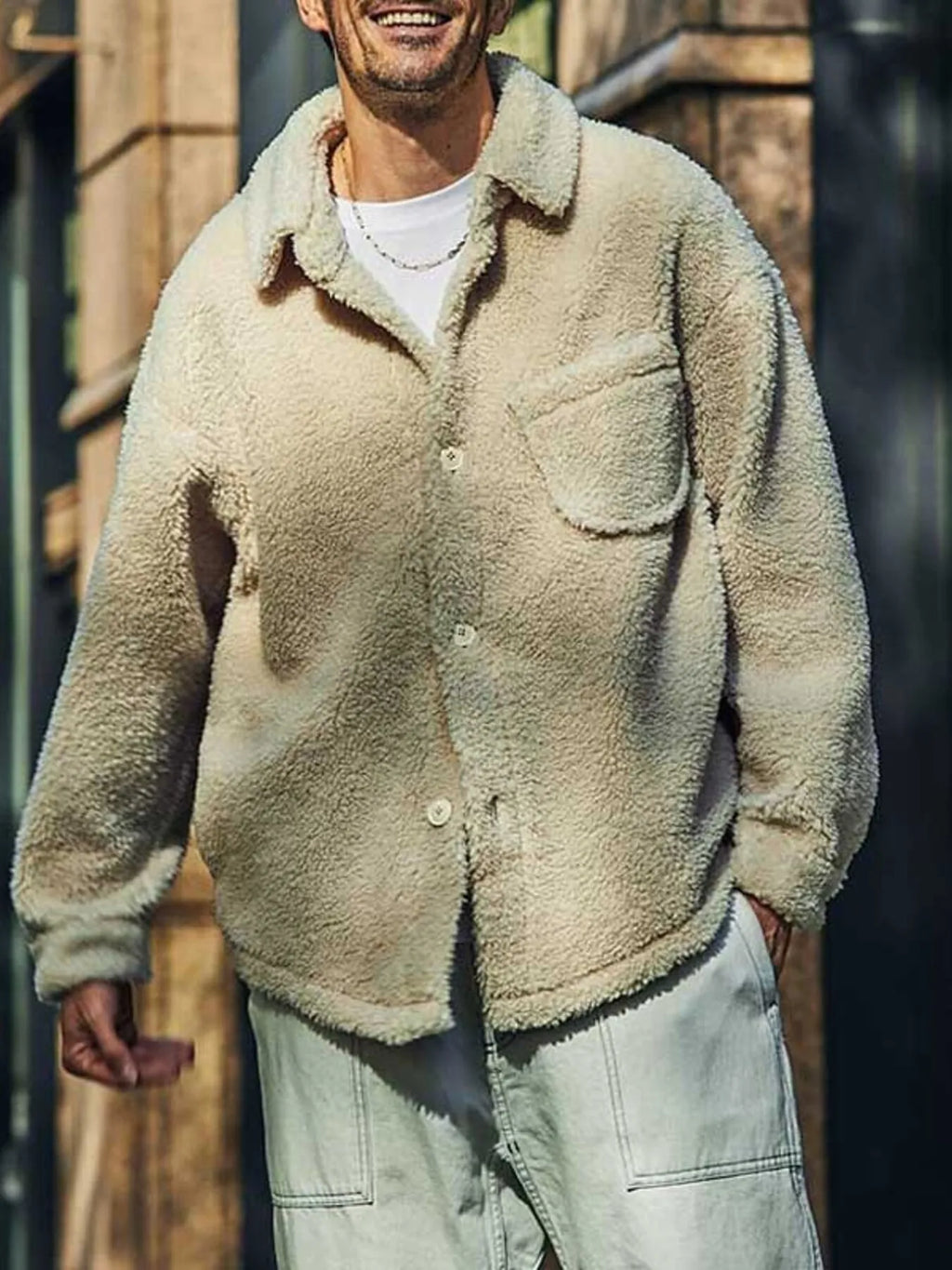 Button Up Drop Shoulder Sherpa Jacket Plus Size