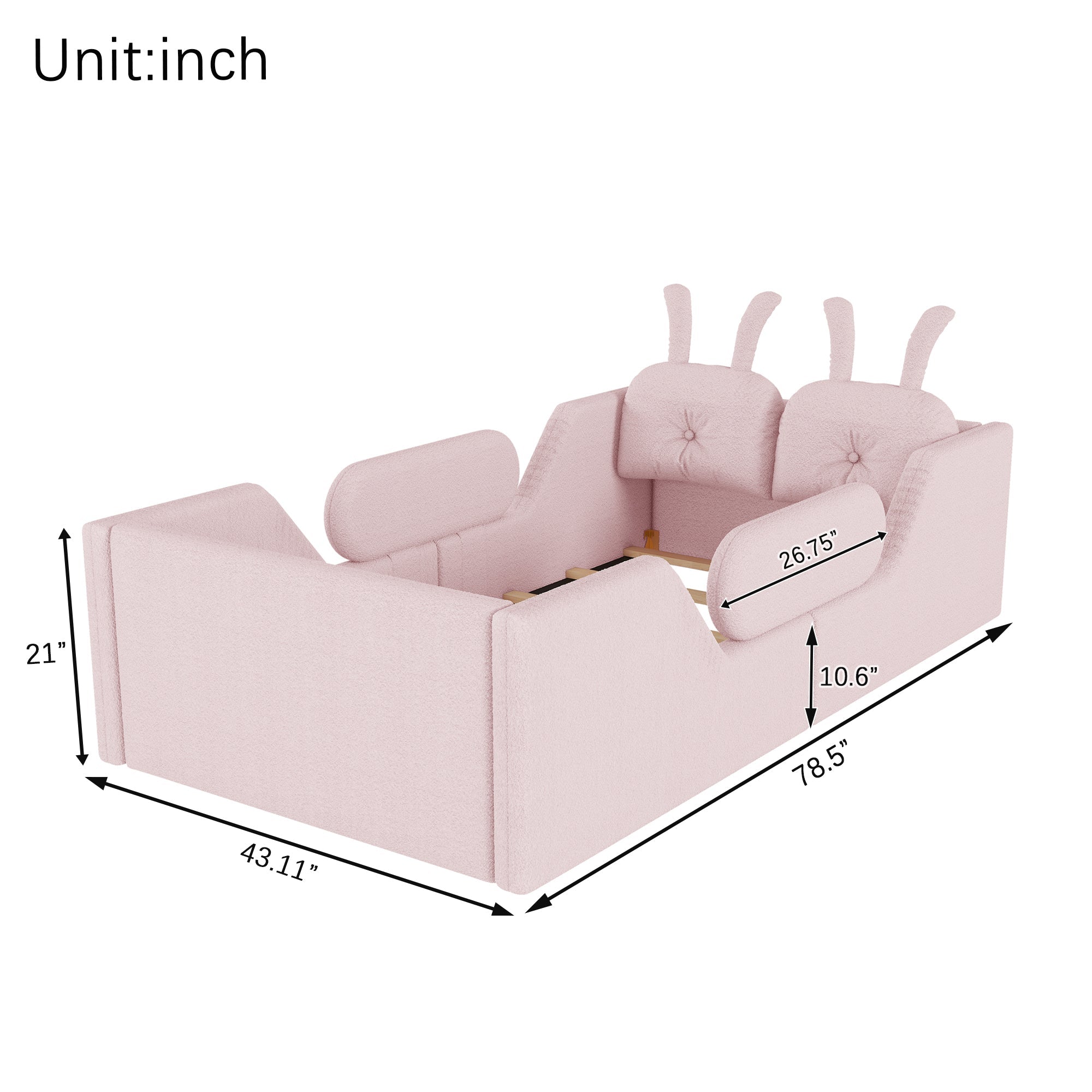 Twin Size Upholstered Platform Bed with Rabbit Cushion, Kids Floor Upholstered Bed with Removable Side Rails, Pink(Expect Arrival Date 2025/1/15)