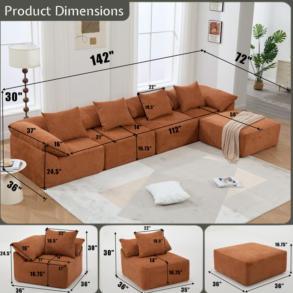 142' L Shaped Modular Sectional Sofa,No Assembly,5 Piece Couch, Convertible Sleeper Couch,Full-Compressed Couch,Free-Combined Couches,5 Seat & Ottoman,Chenille,Orange