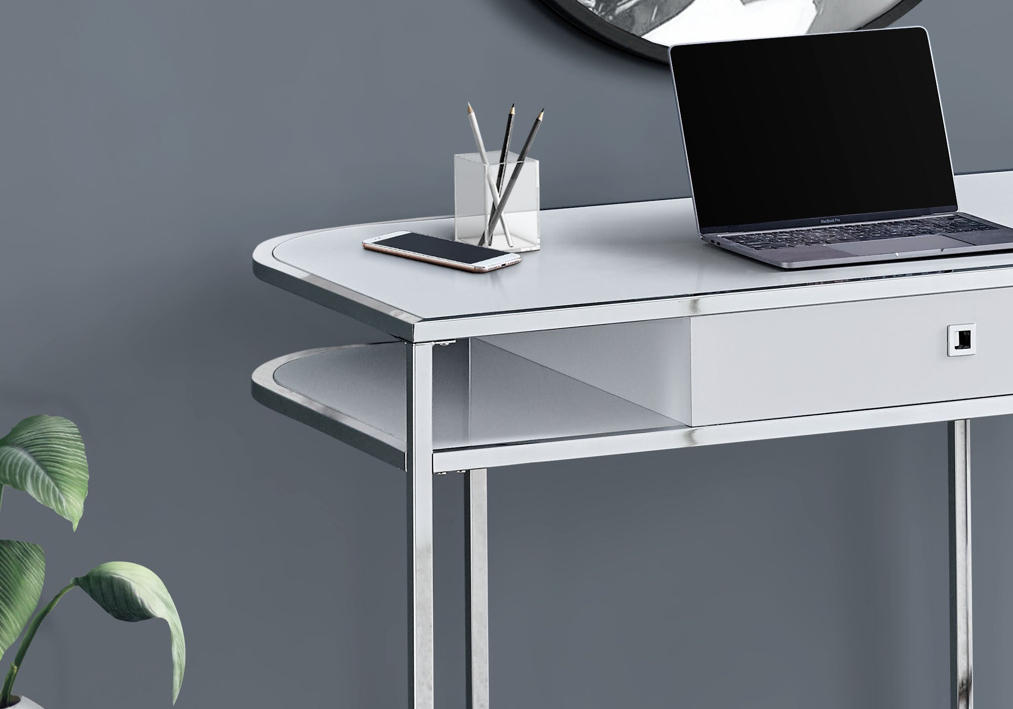 Computer Desk, Home Office, Laptop, Storage Drawers, 48'l, Work, White Laminate, Chrome Metal, Contemporary, Modern