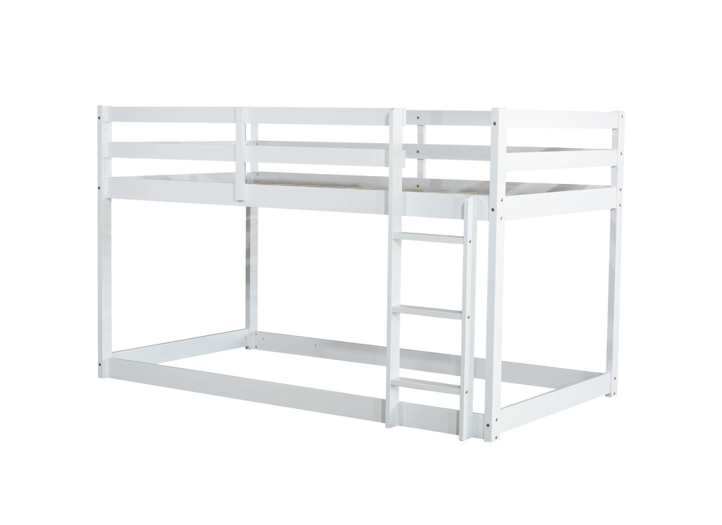 Solid Wooden, Solid Rubber Wooden Twin over Twin Floor Bunk Bed with Ladder, with Bed Platform of Strengthened Slats,White