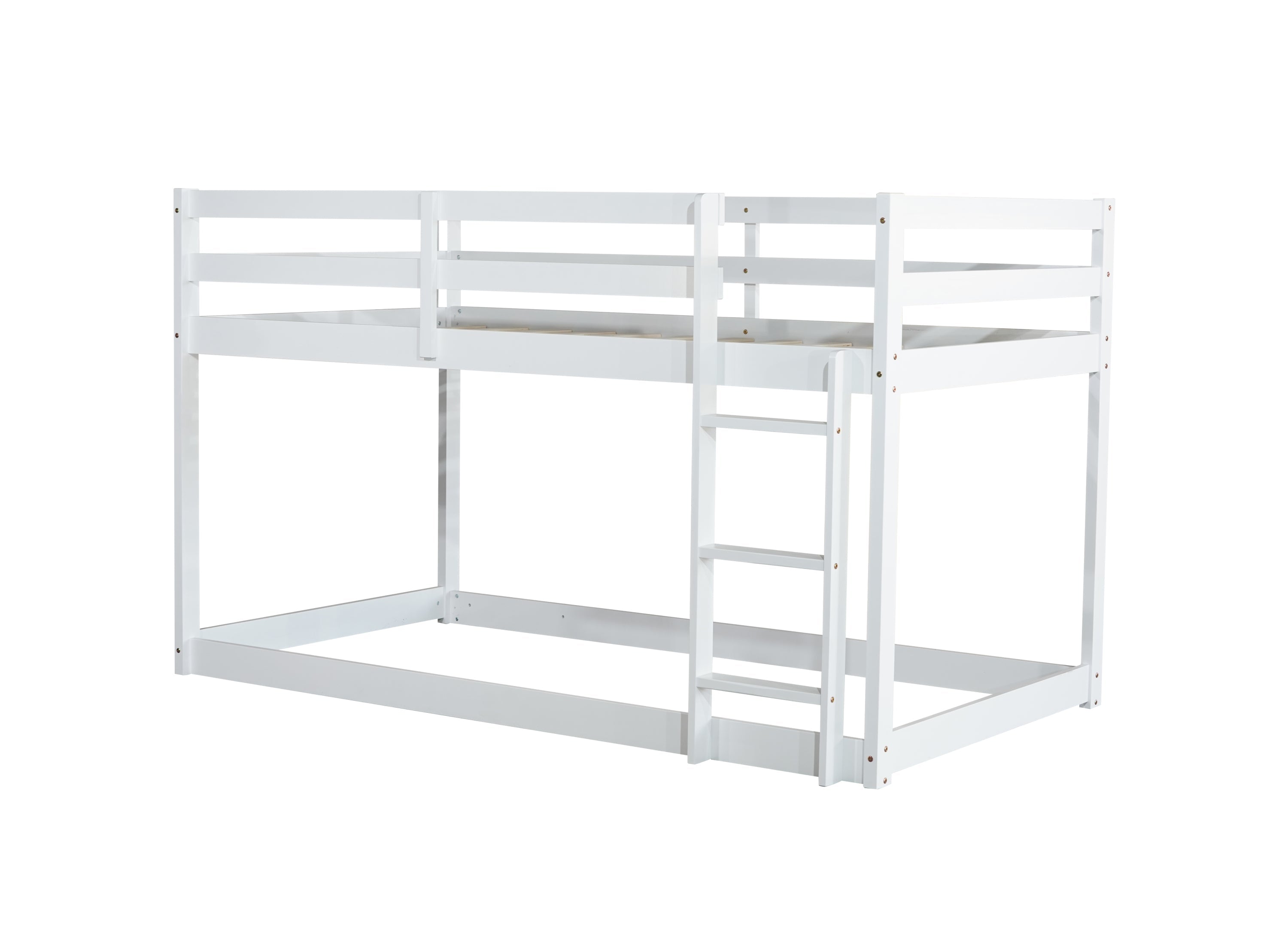 Solid Wooden, Solid Rubber Wooden Twin over Twin Floor Bunk Bed with Ladder, with Bed Platform of Strengthened Slats,White