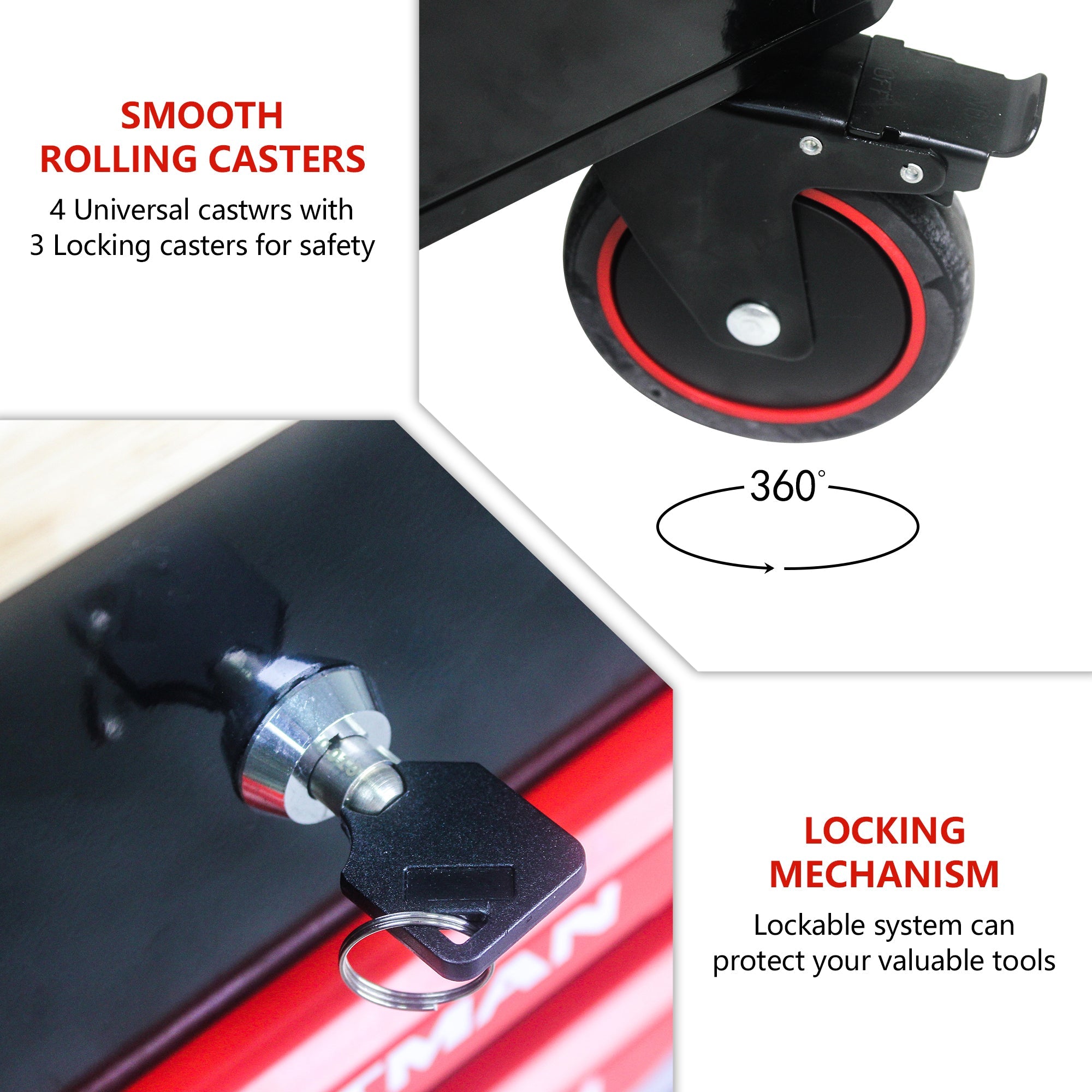 3 DRAWERS MULTIFUNCTIONAL TOOL CART WITH WHEELS AND WOODEN TOP--BLACK&RED