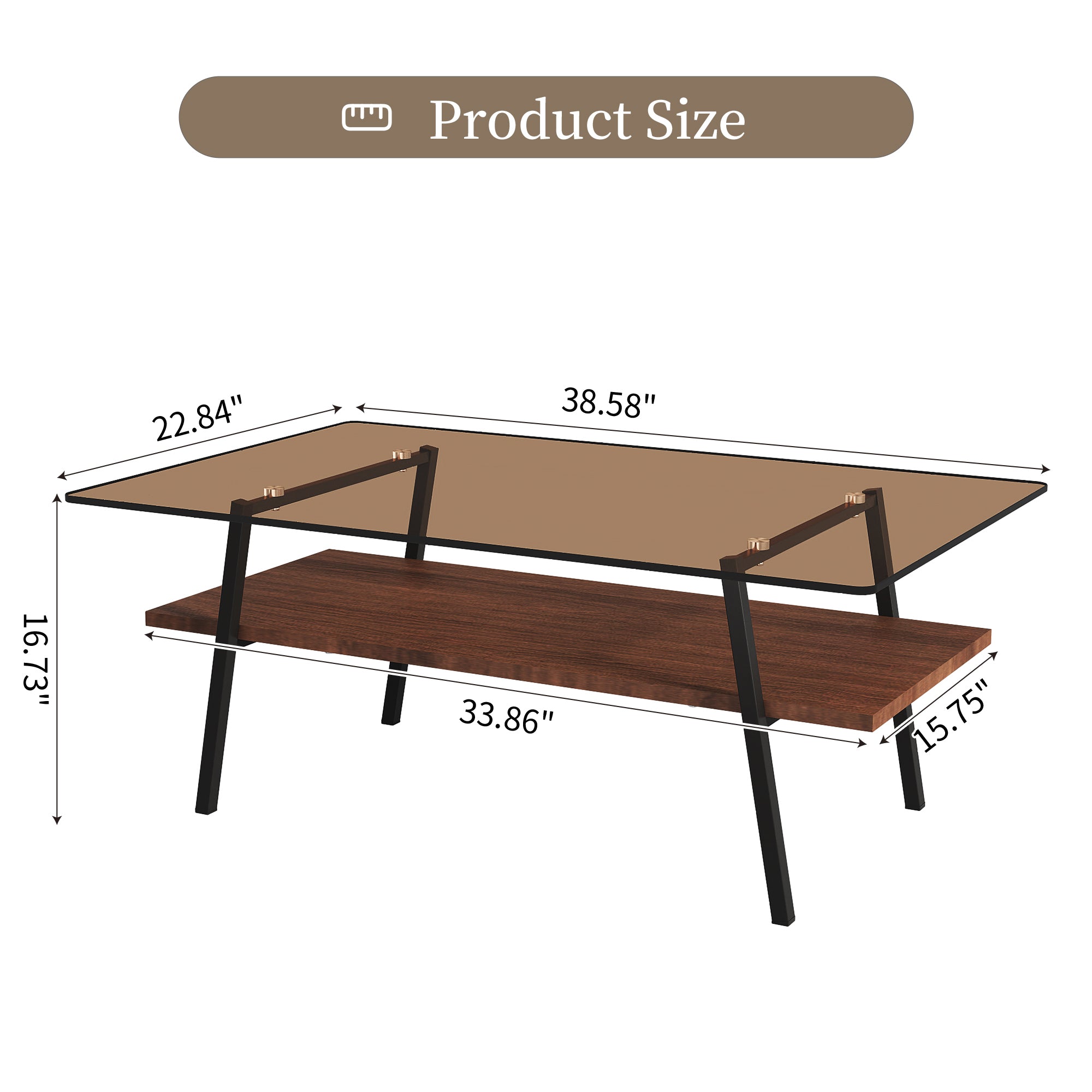 Rectangle Coffee Table, Tempered Glass Tabletop with Black Metal Legs, Modern Table for Living Room , Brown Glass