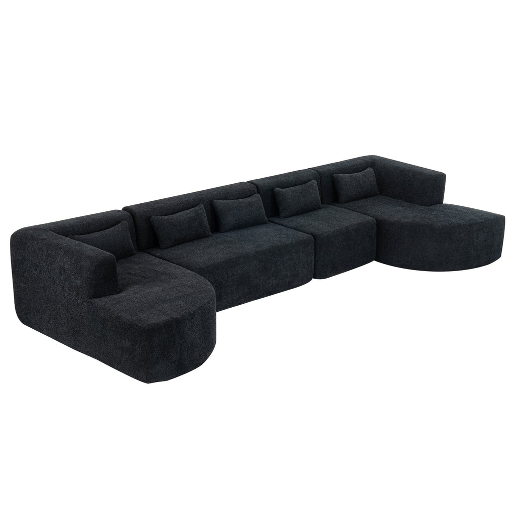 144' Upholstered Sofa Free-combined Sofa Couch with Two Chaise Lounge and Five Back Pillows for Living Room(Old SKU: N719S001600B), Black