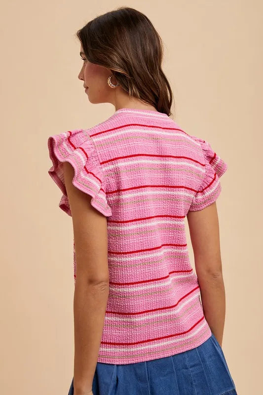 Annie Wear Multi Stripe Ruffle Sleeve Textured Knit Top