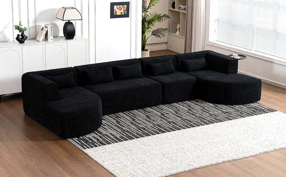 144' Upholstered Sofa Free-combined Sofa Couch with Two Chaise Lounge and Five Back Pillows for Living Room(Old SKU: N719S001600B), Black
