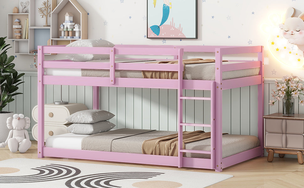 Solid Wooden, Solid Rubber Wooden Twin over Twin Floor Bunk Bed with Ladder, with Bed Platform of Strengthened Slats , Pink